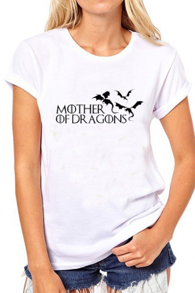 Basic Letter MOTHER OF DRAGONS Print Short Sleeves Round Neck Casual Tee