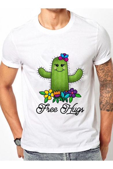 Cartoon Floral Cactus Letter Printed Round Neck Short Sleeve Tee