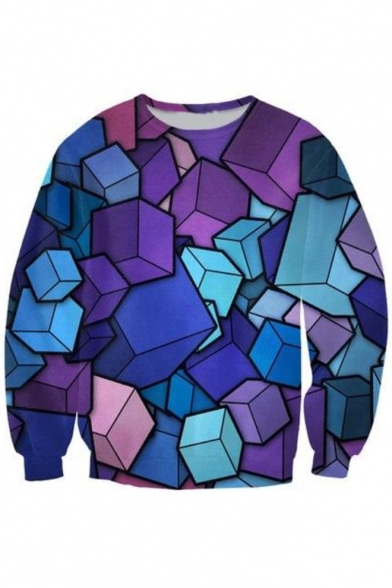 Casual Style Cube Print Color Block Round Neck Long Sleeves Pullover Sweatshirt