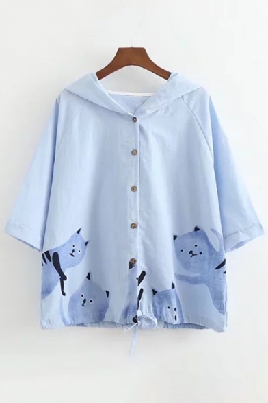 Cat Printed Buttons Down Half Sleeve Loose Hooded Tee
