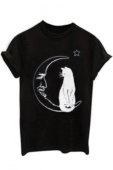 Chic Moon Cat Star Cartoon Print Round Neck Short Sleeves Casual Tee