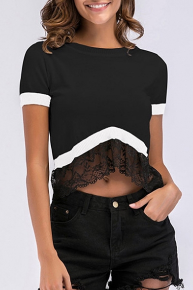 Color Block Lace Insert Round Neck Short Sleeve Crop Tee