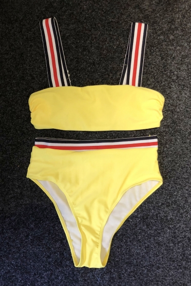 Contrast Striped Printed Sleeveless High Waist Bikini