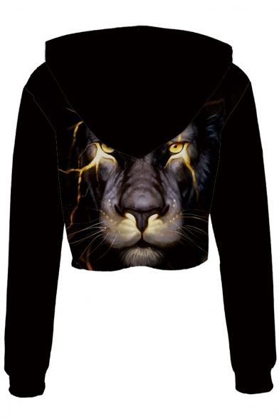 Digital Lion Printed Long Sleeve Drawstring Hood Leisure Crop Hoodie