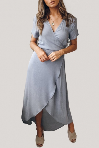 Elegant Plain V Neck Short Sleeve Asymmetric Hem Maxi Wrap Dress
