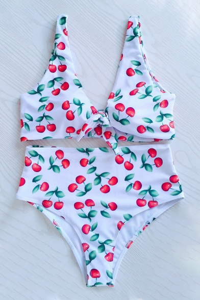Fashionable Cherry Floral Print Bow Tie Front Beach Swimwear Bikini