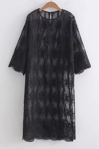 Floral Sheer Lace Round Neck Half Sleeve Tunic Cover Up