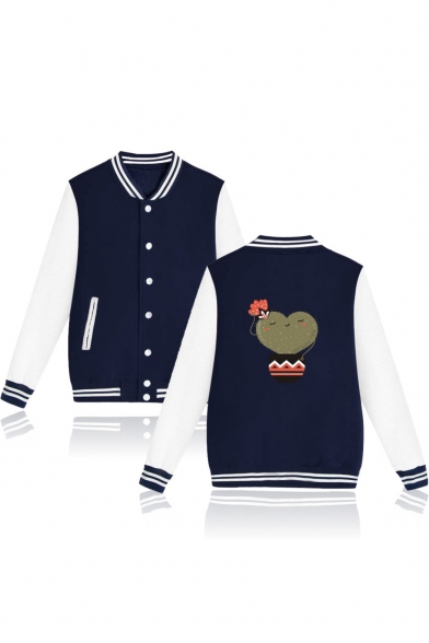 Heart Shaped Cactus Printed Stand Up Collar Color Block Buttons Down Baseball Jacket