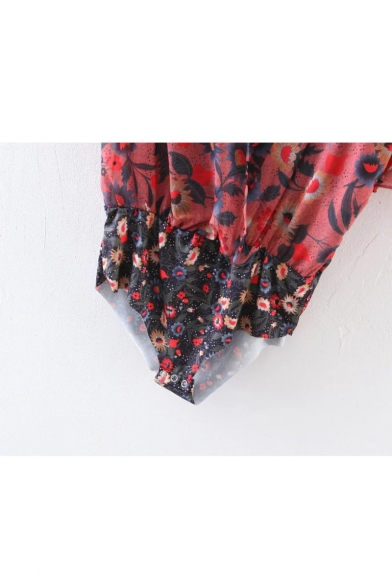 Holiday Floral Printed Ruffle Detail V Neck Short Sleeve Bodysuit