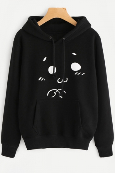 Lovely Cat Face Print Long Sleeve Hooded with Pocket