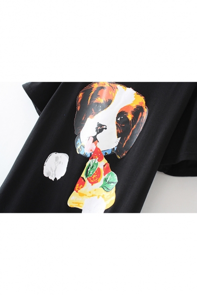 Lovely Dog Pizza Print Round Neck Short Sleeves Casual Tee