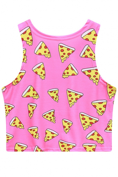 Lovely Pizza Letter ALL I CARE ABOUT Print Round Neck Sleeveless Cropped Tank