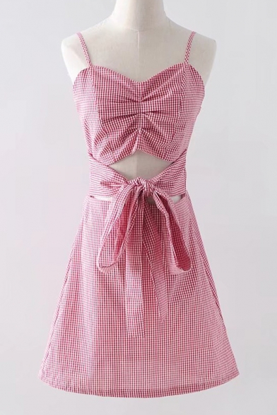 Plaid Printed Spaghetti Straps Sleeveless Hollow Out Bow Tied Front Mini Cami Dress