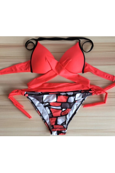 Sexy Halter Sleeveless Color Block Printed Hollow Out Detail Bikini