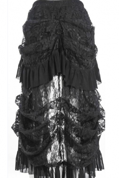 Unique Cool Ruched Lace Asymmetric Hem High Low Skirt