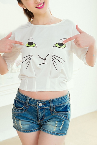Cat's Face Printed Round Neck Short Sleeve Crop Tee