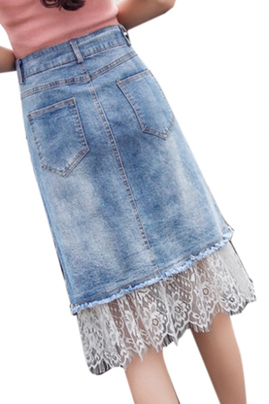 Chic Floral Lace Insert Zipper Fly Midi A-Line Denim Skirt 