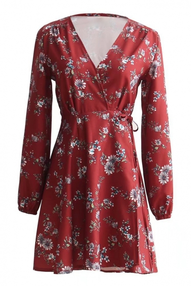 Chic Floral Printed V Neck Long Sleeve Tied Waist Mini A-Line Dress