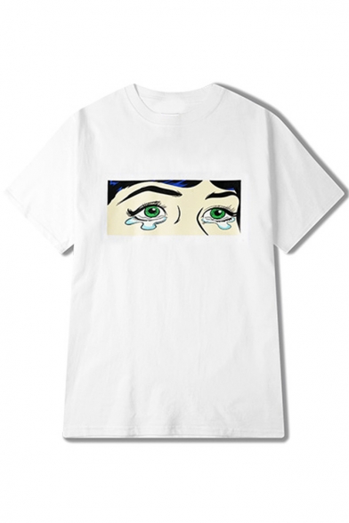 

Chic Tears Eyes Cartoon Print Round Neck Short Sleeves Casual Tee