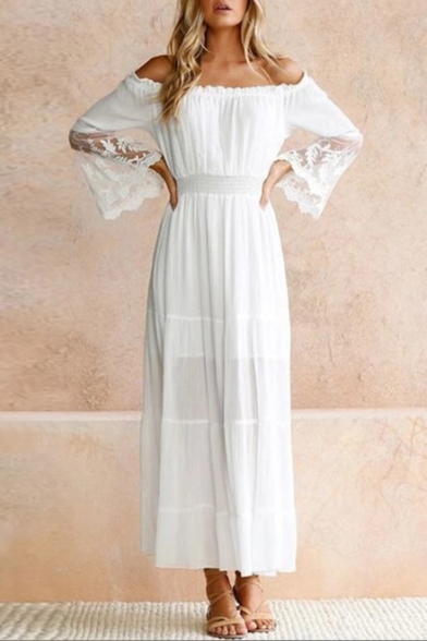 Chiffon Lace Patchwork Off the Shoulder Plain Maxi Elegant Dress