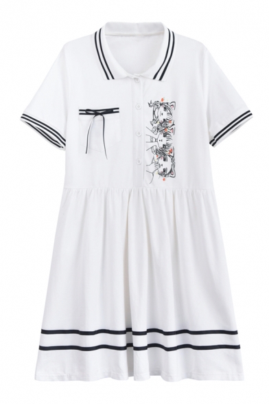 Childish Cat Cartoon Print Chest Pocket Lapel Striped Trim Mini T-shirt Dress