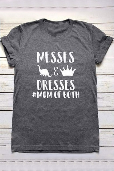 Childish Letter Dinosaur Crown MESSES DRESSES MOM OF BOTH Print Round Neck Short Sleeves Casual Tee