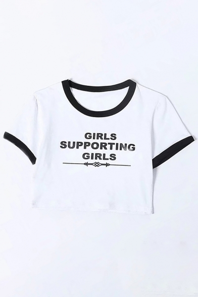 GIRLS SUPPORTING GIRLS Letter Printed Contrast Trim Short Sleeve Crop Tee