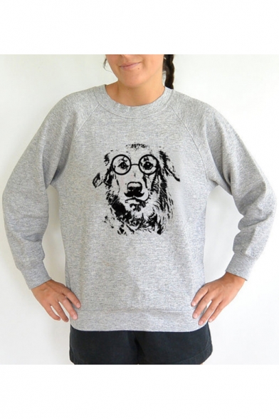 Glasses Dog Round Neck Long Sleeve Pullover Sweatshirt