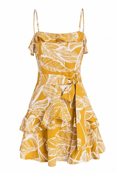 Holiday Leaf Printed Spaghetti Straps Sleeveless Ruffle Detail Tied Waist Mini Cami Dress