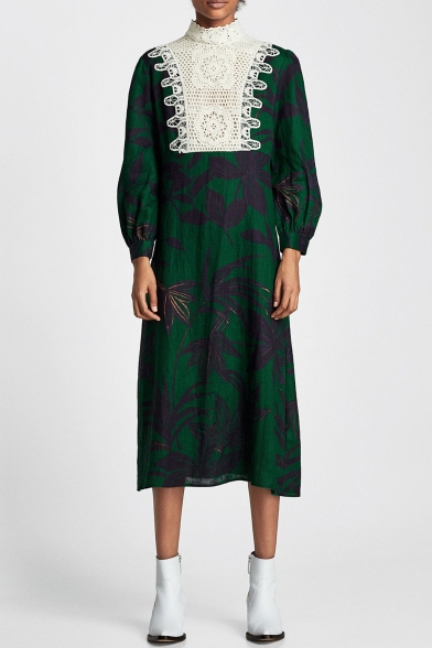 Lace Insert Leaf Printed High Neck Long Sleeve Maxi A-Line Dress