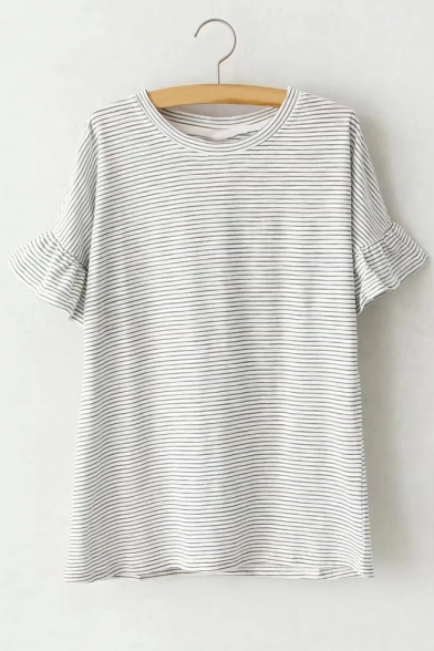 Leisure Striped Printed Round Neck Short Sleeve Ruffle Detail Loose Tee
