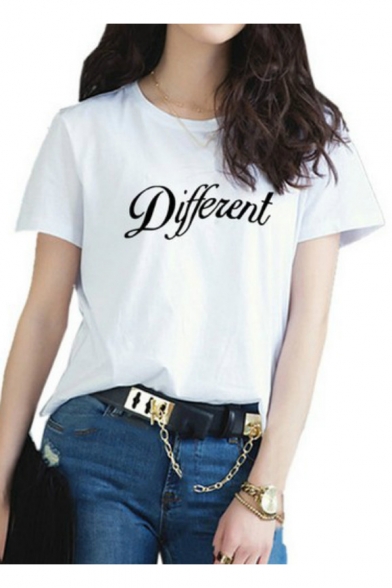 Popular Letter DIFFERENT Print Round Neck Short Sleeves Casual Tee