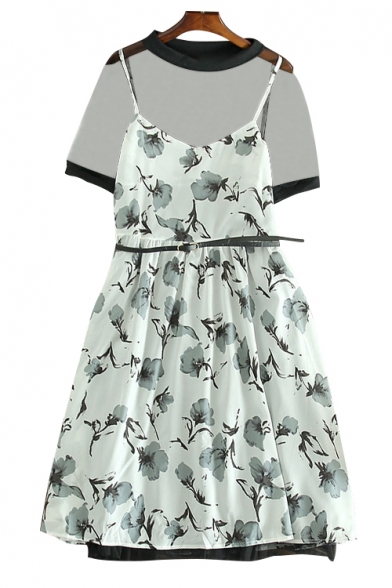 Two Pieces Floral Printed Round Neck Short Sleeve Mini A-Line Dress