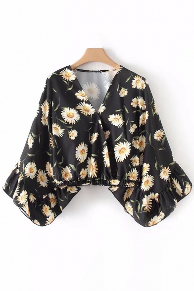 3/4 Length Sleeve Ruffle Detail V Neck Floral Printed Cropped Blouse