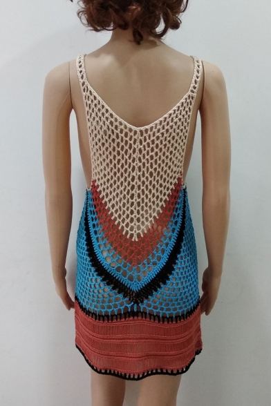 Beach Fashion V Neck Sleeve Mesh Net Color Block Summer Cover Up