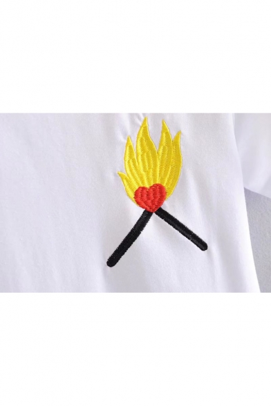 Chic Match Fire Flame Embroidery Round Neck Short Sleeves Leisure Tee