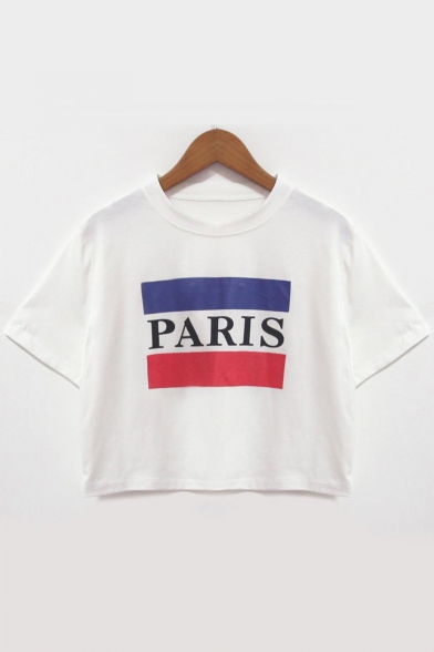 Daily Fashion Flag Letter Print Round Neck Short Sleeves Casual Cropped Tee