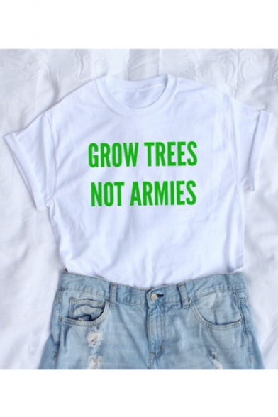 GROW TREES Letter Printed Round Neck Short Sleeve Leisure Tee
