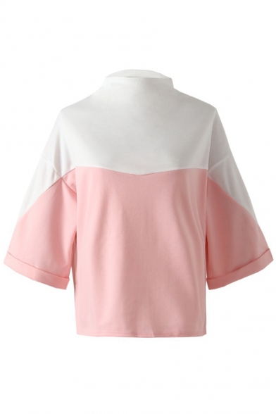High Neck Color Block Wide Sleeve Patchwork Spring Tee Top