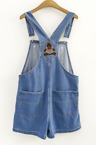 Hot Chic Teddy Bear Embroidered Pocket Front Denim Overall Romper