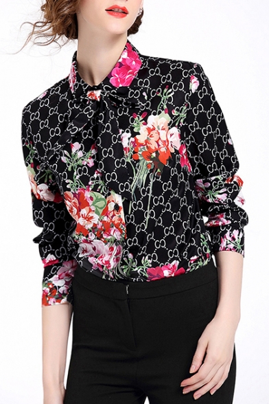 Retro Floral Bow Printed Lapel Collar Long Sleeve Slim Shirt