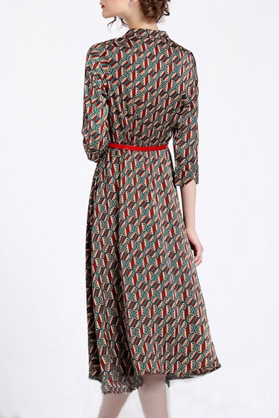 Retro Geometric Printed Collared 3/4 Length Sleeve Midi A-Line Dress