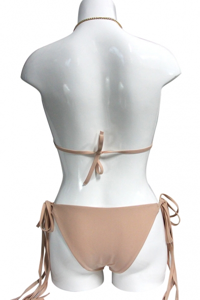 Sexy Fashion Beaded Lace Panel Chain Halter Neck Tie Back Triangle Bikini