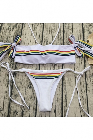 Sexy Stylish Striped Pattern Bow Tie Detail Lace-up Back Beach Bikini