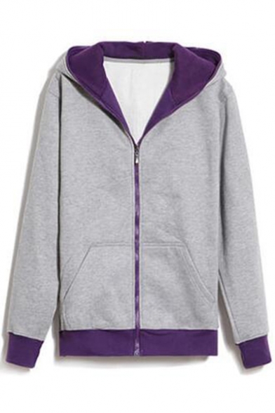 Simple Natural Color Block Long Sleeves Zip Up Hoodie with Pockets
