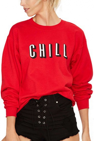 Stylish CHILL Letter Printed Round Neck Long Sleeve Pullover Sweatshirt