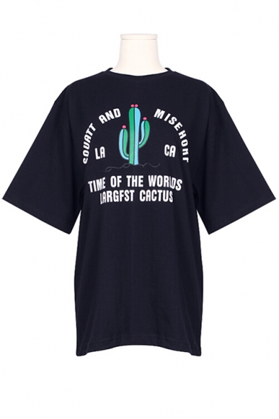 Cactus Letter Printed Round Neck Short Sleeve Graphic Tee