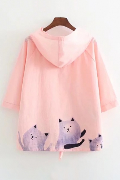 Cat Printed Buttons Down Half Sleeve Loose Hooded Tee