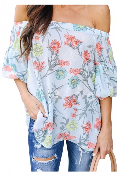 Chic Holiday Off The Shoulder Floral Printed Leisure Blouse