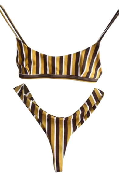 Chic Striped Pattern Spaghetti Straps Simple Slim Fit Summer Bikini Swimwear
